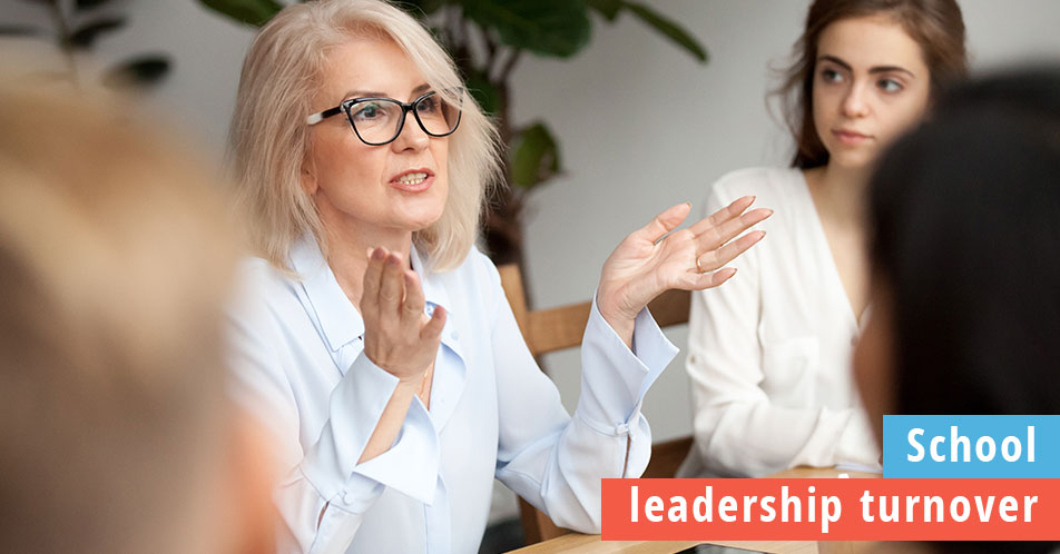 Leadership turnover in schools, women at a table discussing leadership